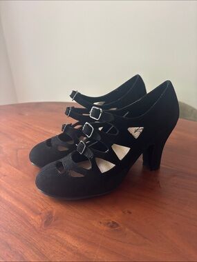 Black Triple-Buckle Mary Jane Heels Ballroom Dance Shoes Aris Allen, Size 7